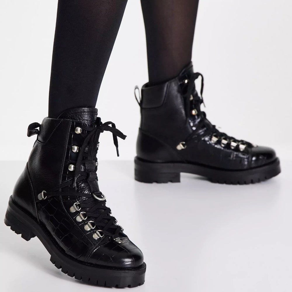 All Saints Franka Lace-Up Hiker Boot in Black Croc Leather